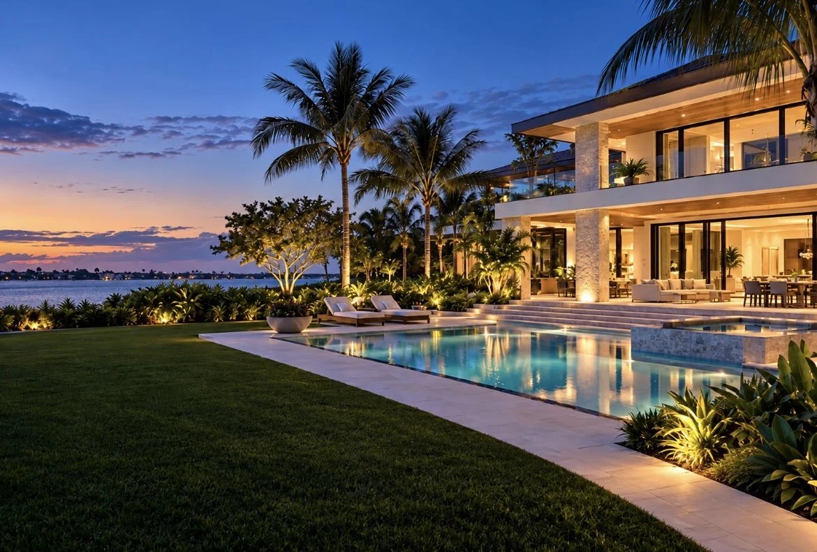 Waterfront Treasure Coast estate at twilight — illuminated pool, mature palms, and lit landscape beds.